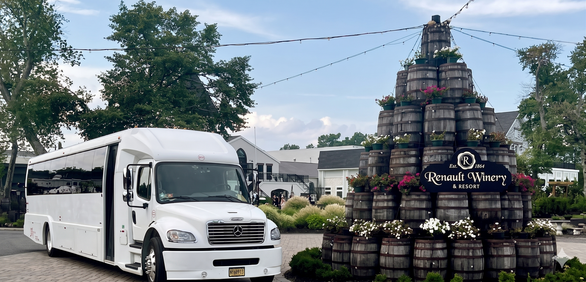 A white shuttle bus parked in a gravel lot next to a large, decorative pyramid stack of wooden wine barrels.