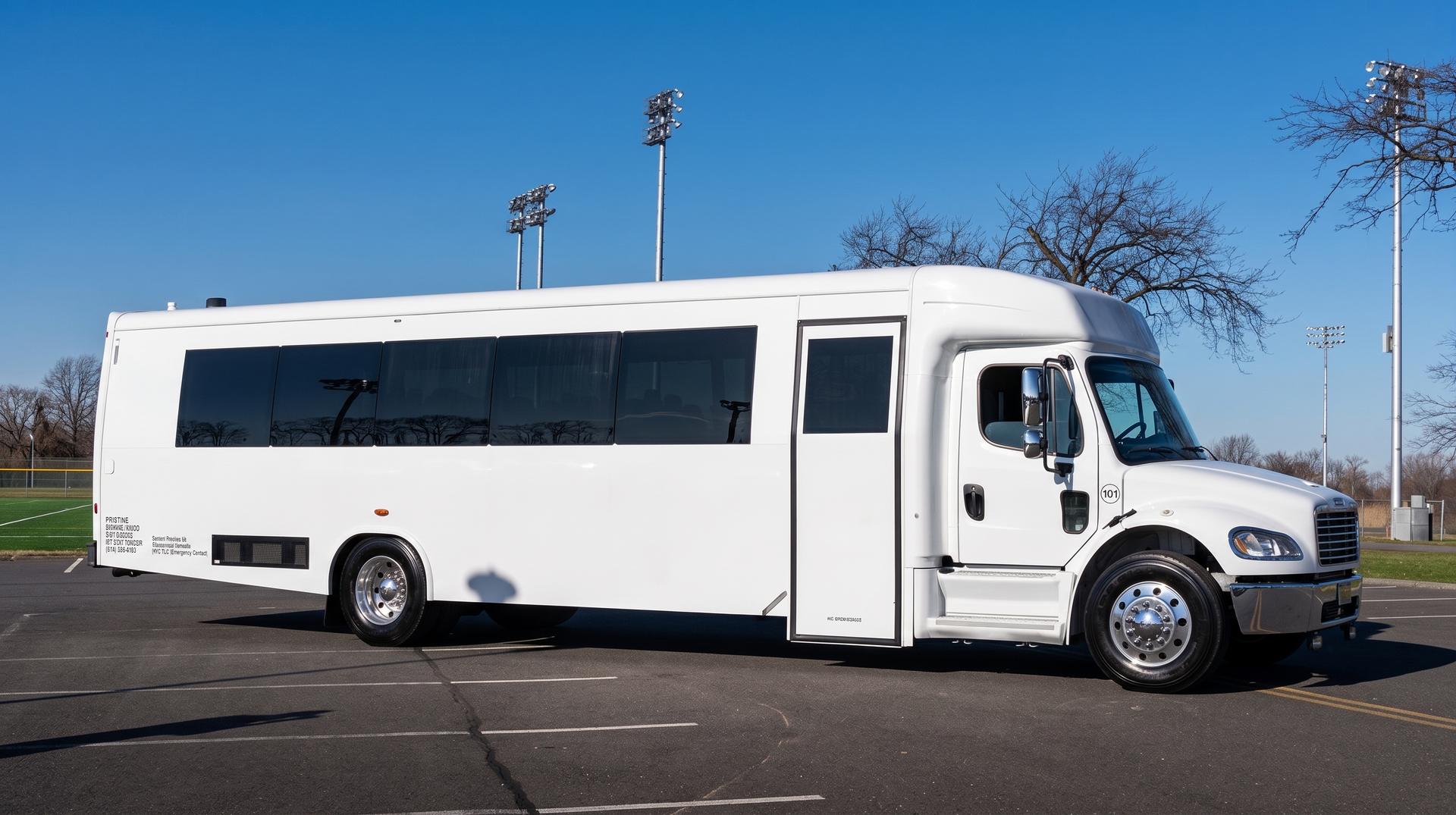 A white shuttle bus parked in an outdoor lot under a clear blue sky.
