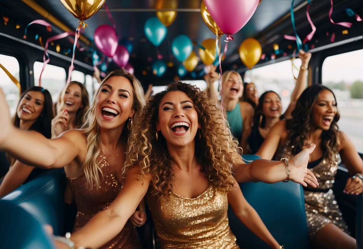 A group of people wearing sparkly outfits celebrate and smile while riding on a party bus decorated with colorful balloons.