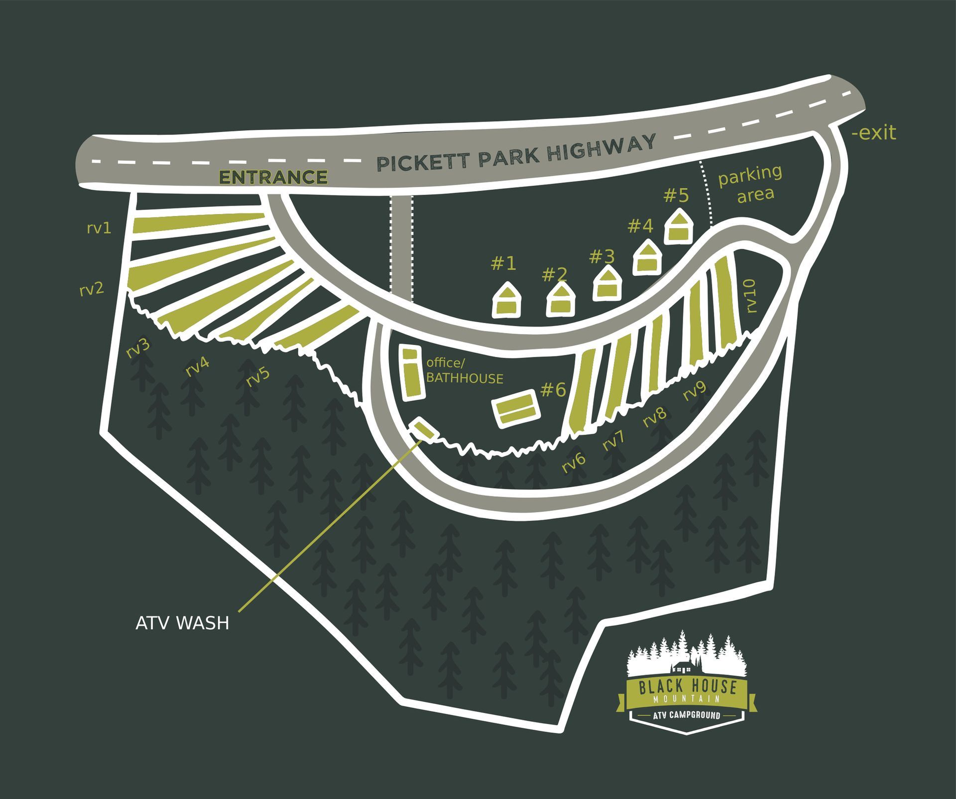 Stylized site map of Pickett Park Highway in gray, white, and yellow with parking and trail sections