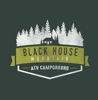 Black House Mountain ATV Campground logo with pine trees and a cabin on a dark green background