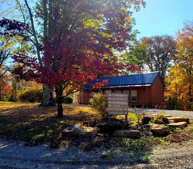 Cabin with blue roof among autumn trees beside a gravel drive, lit by bright sunlight