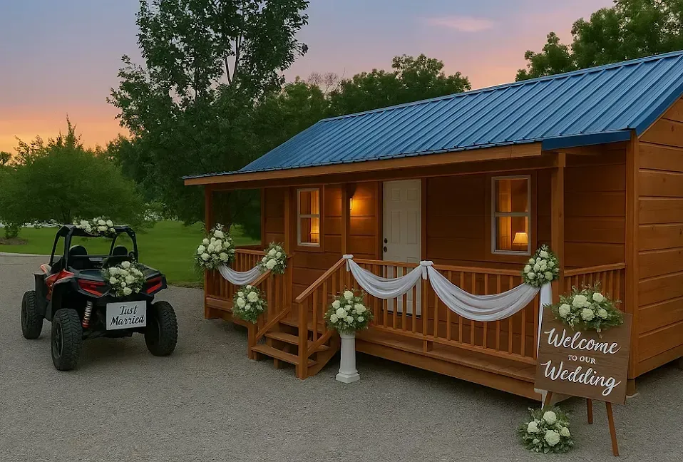Wooden cabin wedding decor with white drapes, flowers, and an ATV at sunset