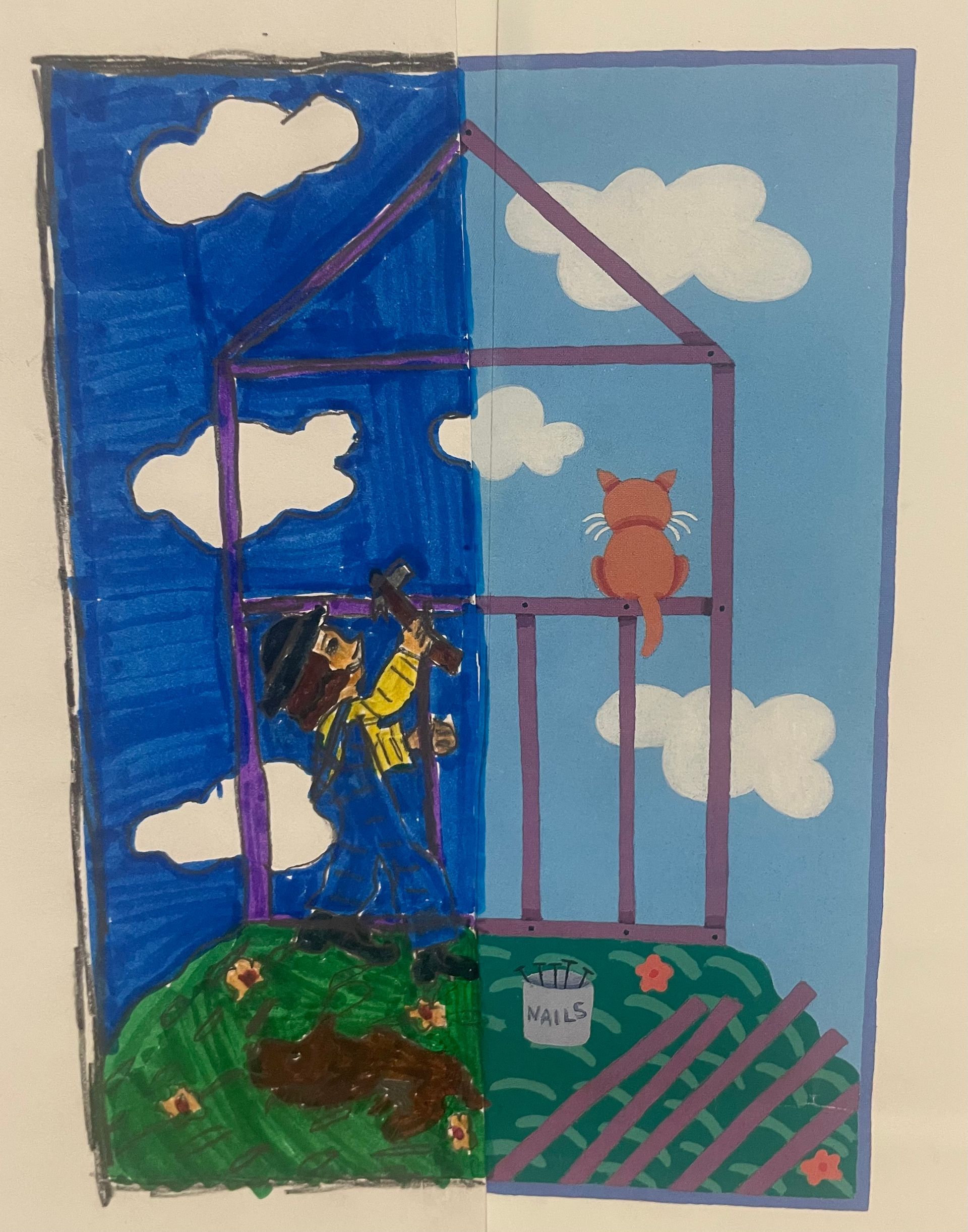 Mirror Art - House being built with a cat
