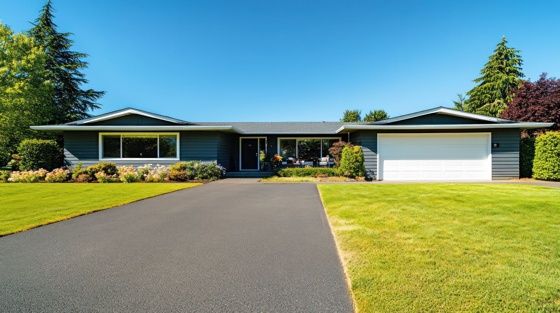 Single-story suburban house with a dark roof, wide driveway, and green lawn under a clear blue sky