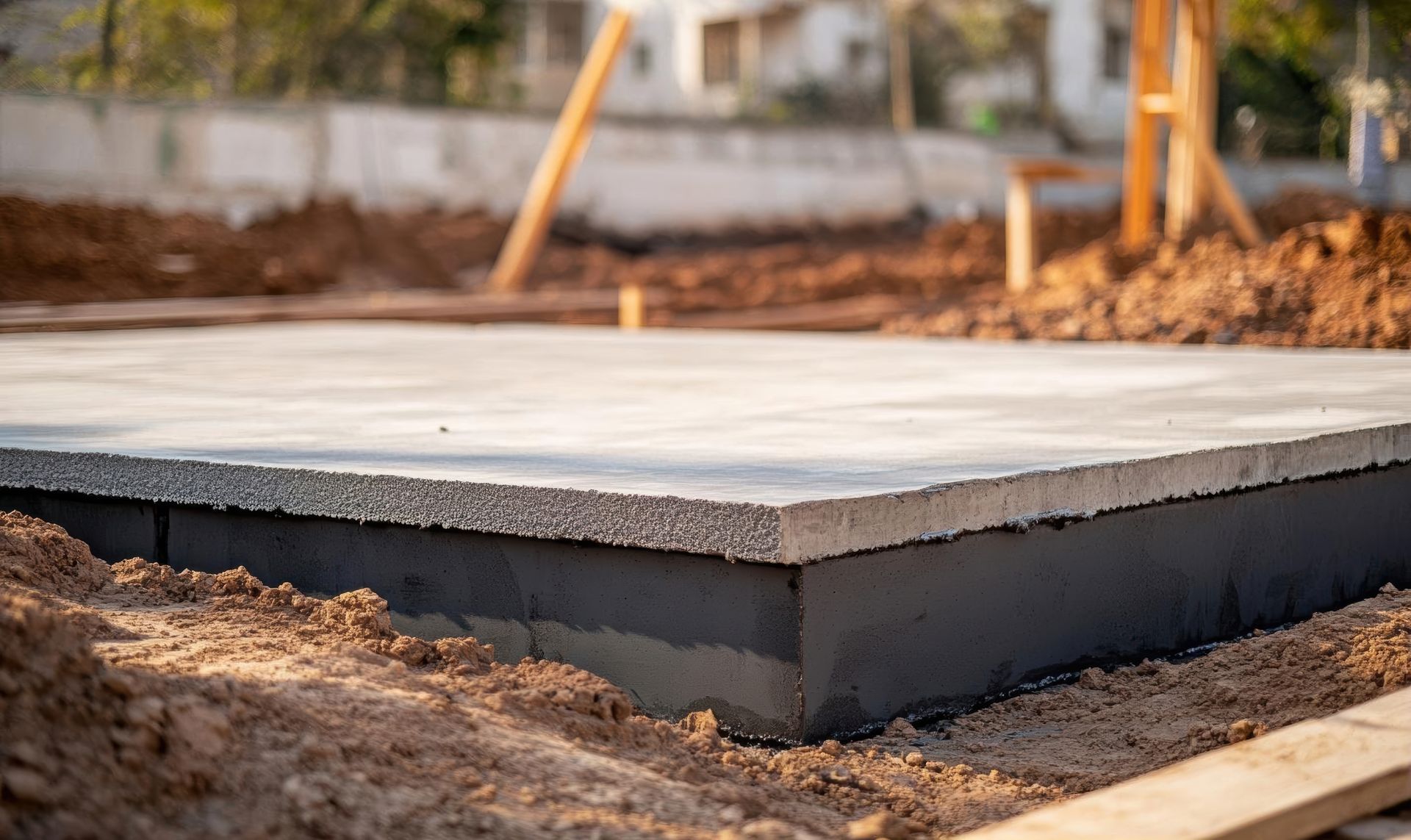 Freshly poured concrete slab at a construction site, with dirt and wooden stakes nearby