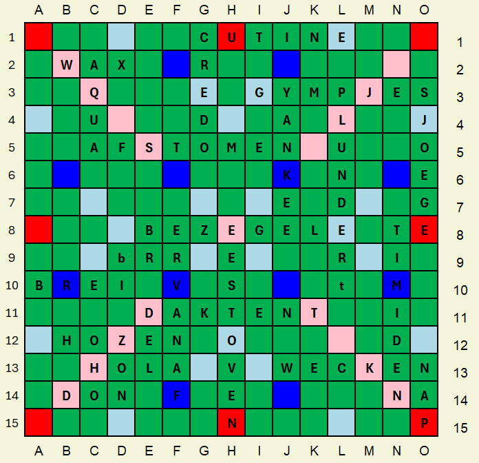 Scrabblebord met de woorden: CUTINE, WAX, AFSTOMEN, BEZECELE, DAKTENT, HOLA, WECKEN. Groene, blauwe, roze en rode vakjes.