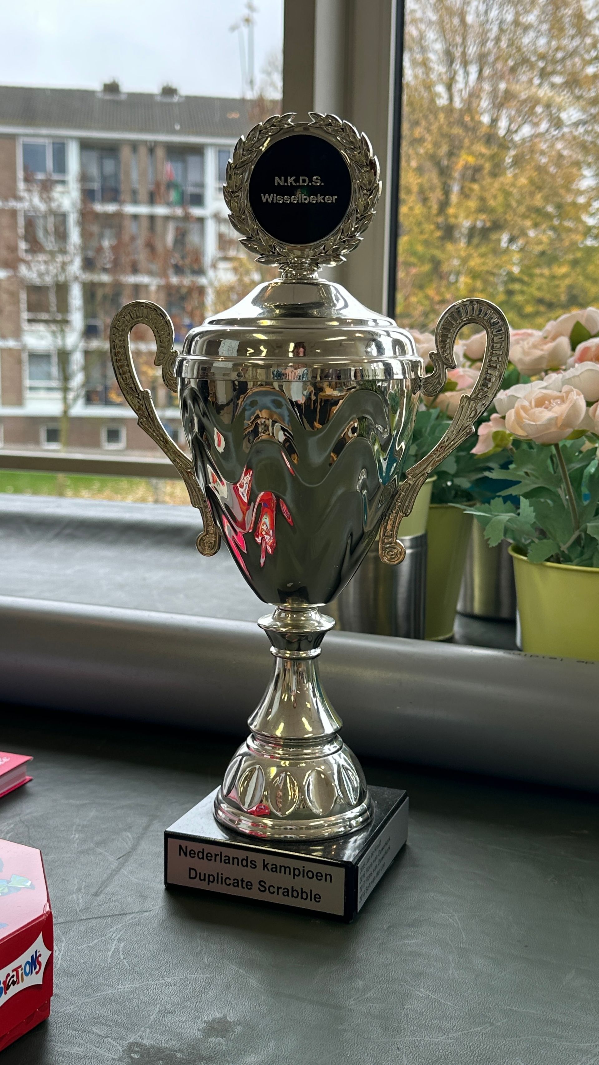 Zilveren trofee met zwarte voet op een vensterbank, met een gebouw en bloemen op de achtergrond.