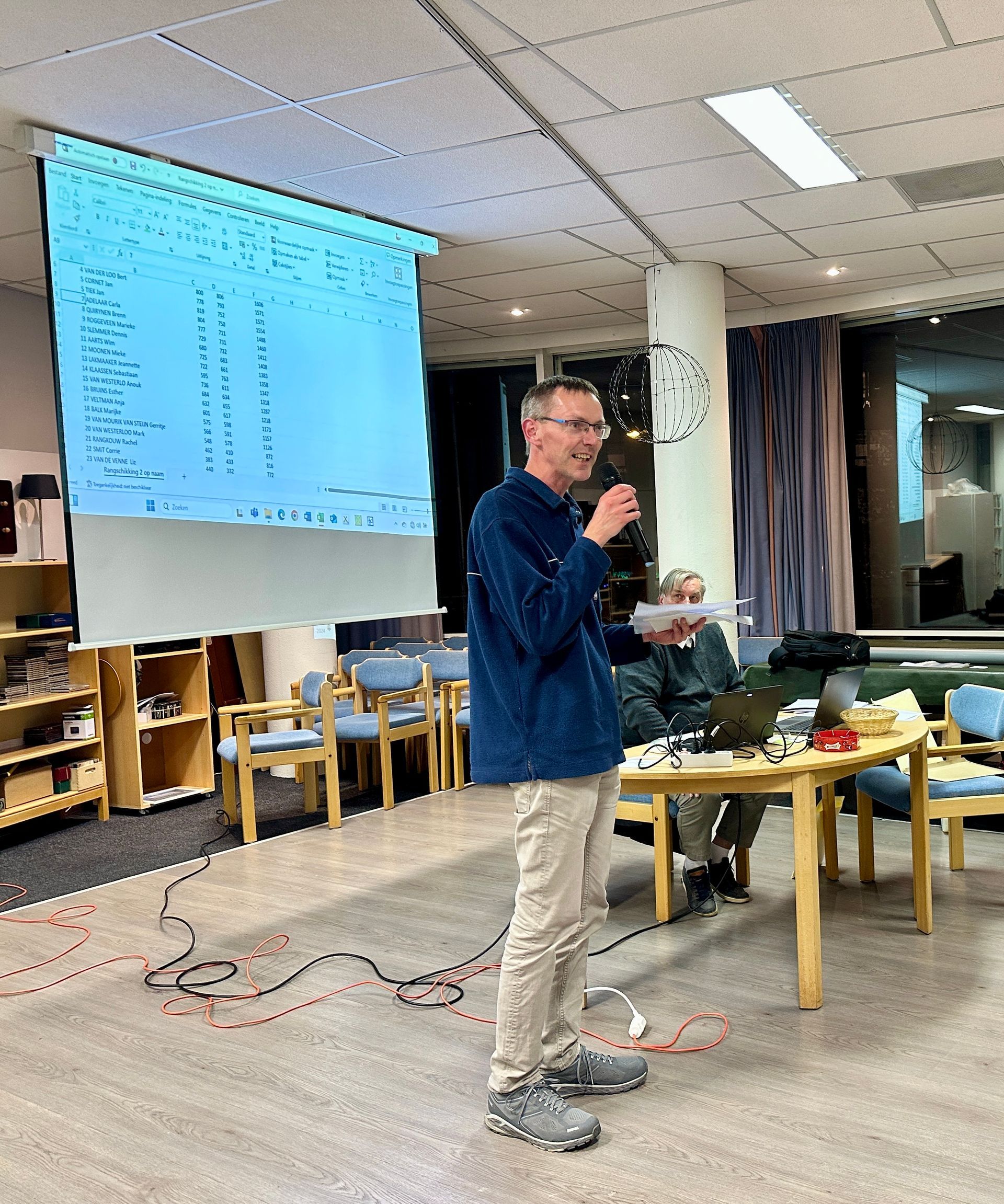 Een man geeft een presentatie; achter hem is een scherm met tekst te zien. In de zaal zijn ook andere mensen, tafels en stoelen aanwezig.