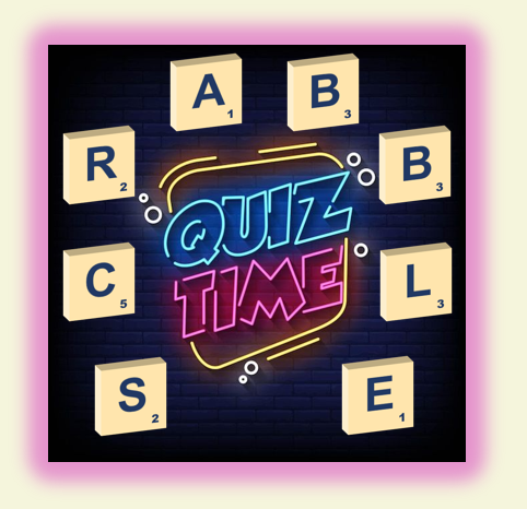 Quiztijd-afbeelding met Scrabble-letters die woorden vormen.