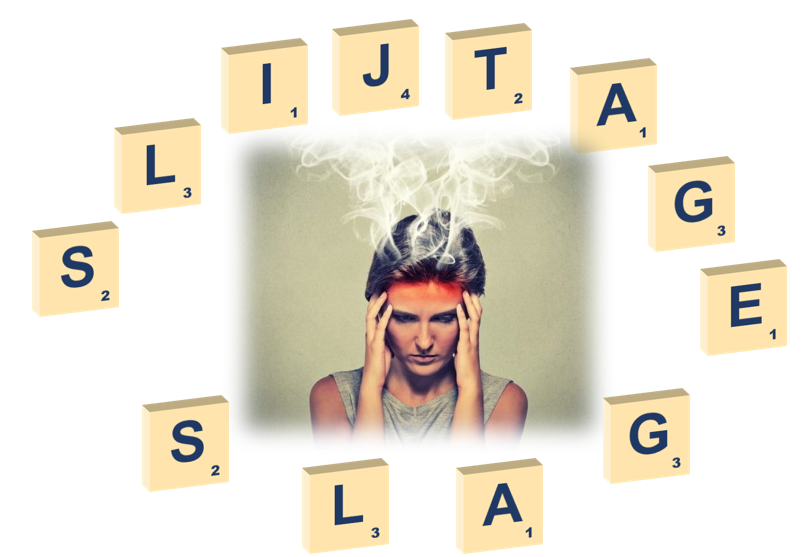 Vrouw met een gespannen uitdrukking, stoom die van haar hoofd opstijgt, omringd door Scrabble-letters die de woorden 