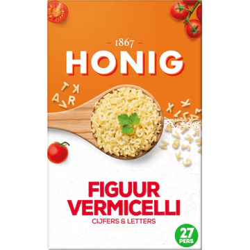 Doos Honig figuurvermicelli met tomatensaus; houten lepel alfabetpasta.