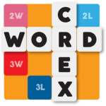 Het Wordex-spelbord met letterblokjes die woorden vormen. Gekleurde vakjes geven de puntenvermenigvuldigers aan.