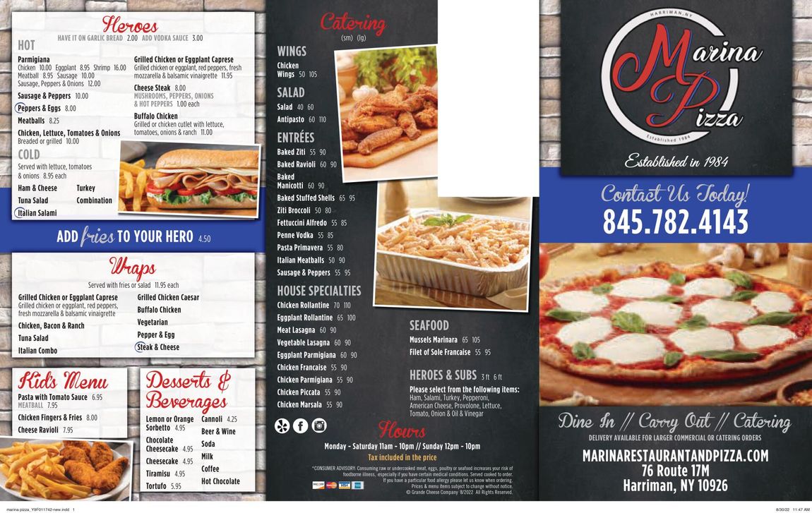 Menu 1 - Marina Restaurant & Pizza in Harriman, NY