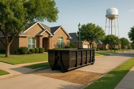 A large, black dumpster sits in the middle of a residential street in front of a brick house with a water tower nearby.