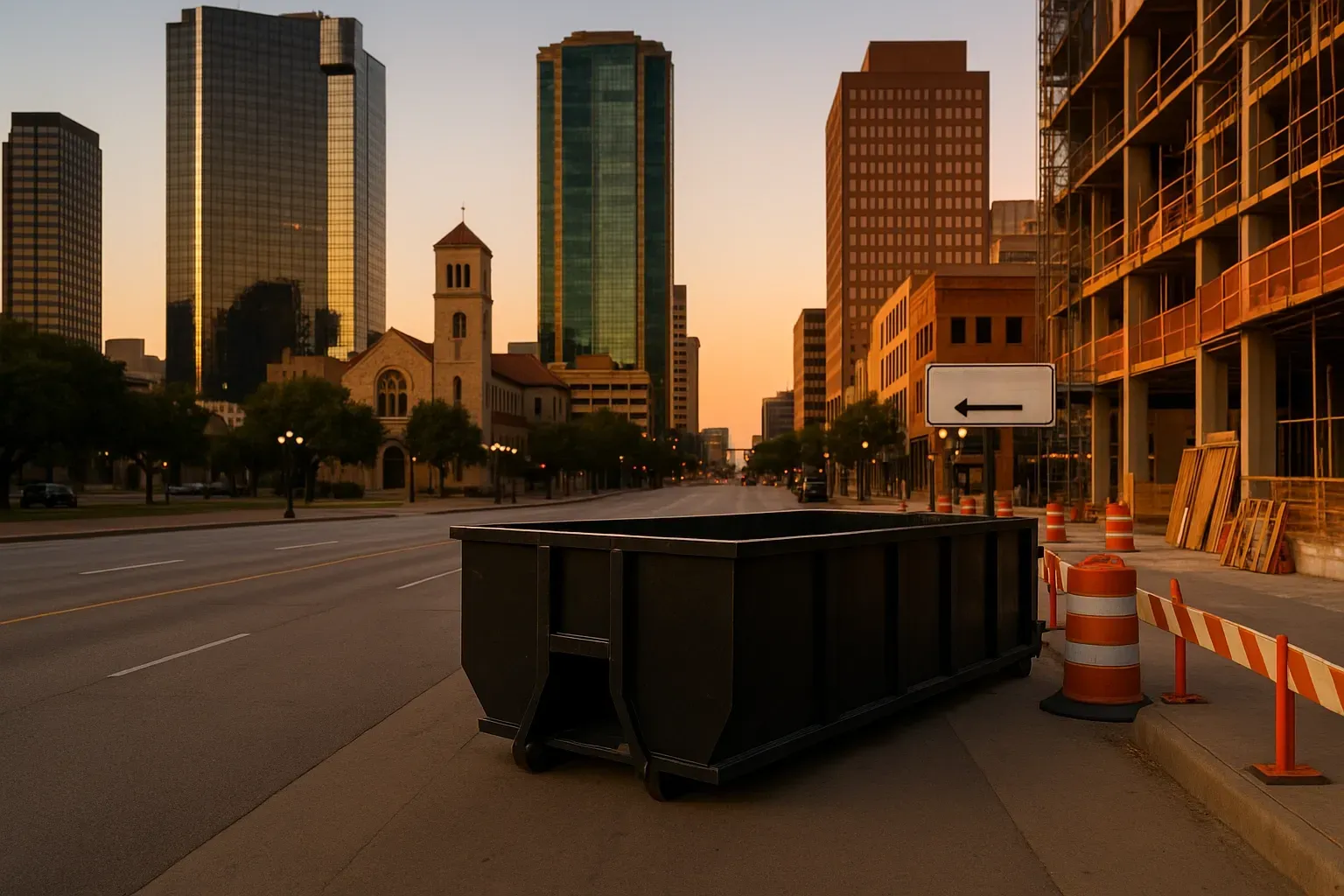 A large black dumpster sits on a city street at sunset, near a construction site with orange barrels and a directional sign.