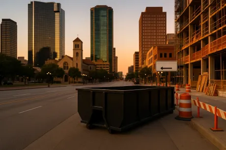 A large black dumpster sits on a city street at sunset, near a construction site with orange barrels and a directional sign.