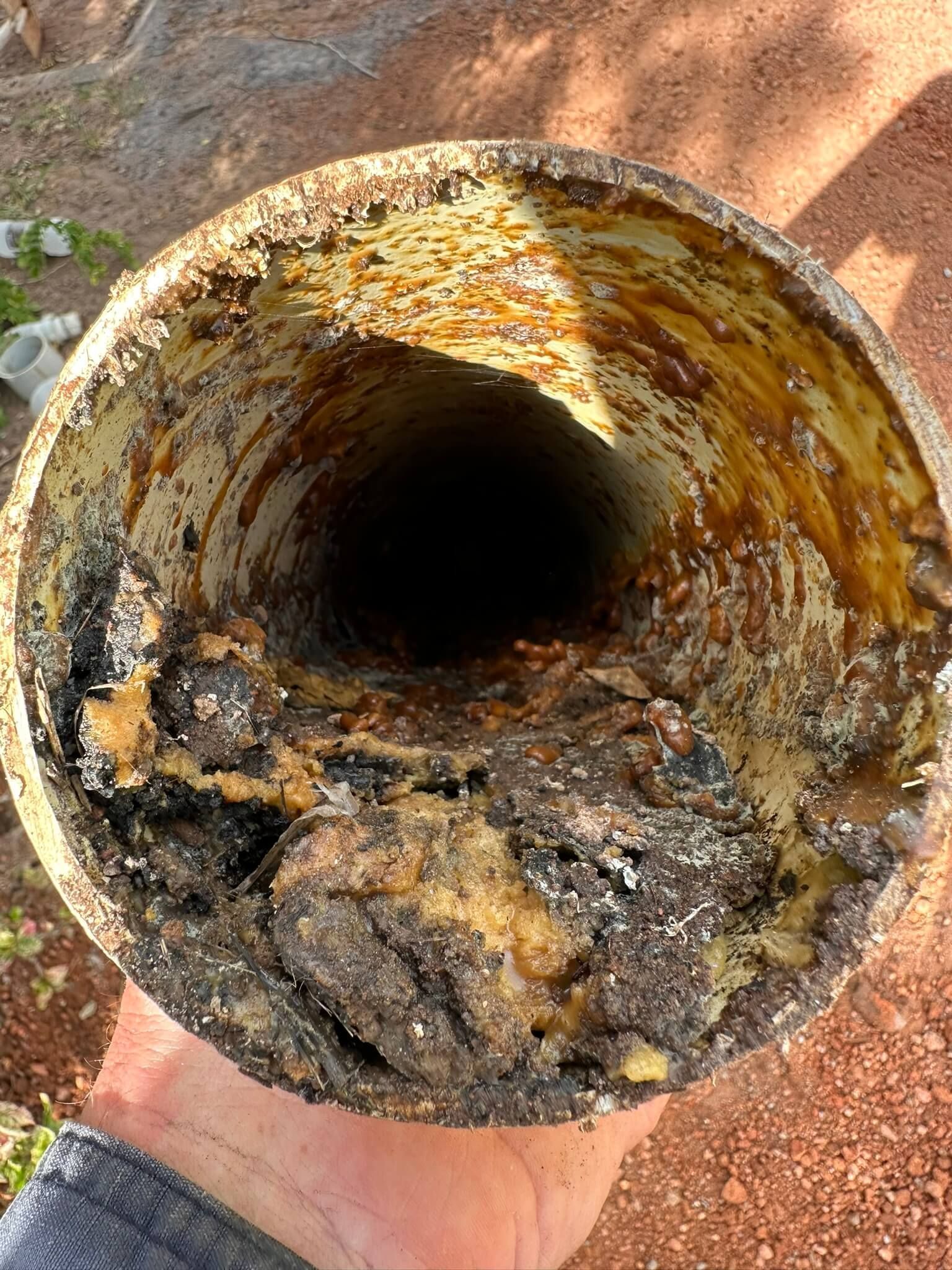 A Person Holds a Rusty, Grime-filled Pipe in Darwin