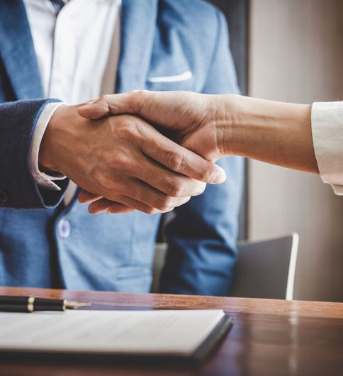 A man and a woman are shaking hands over a table.