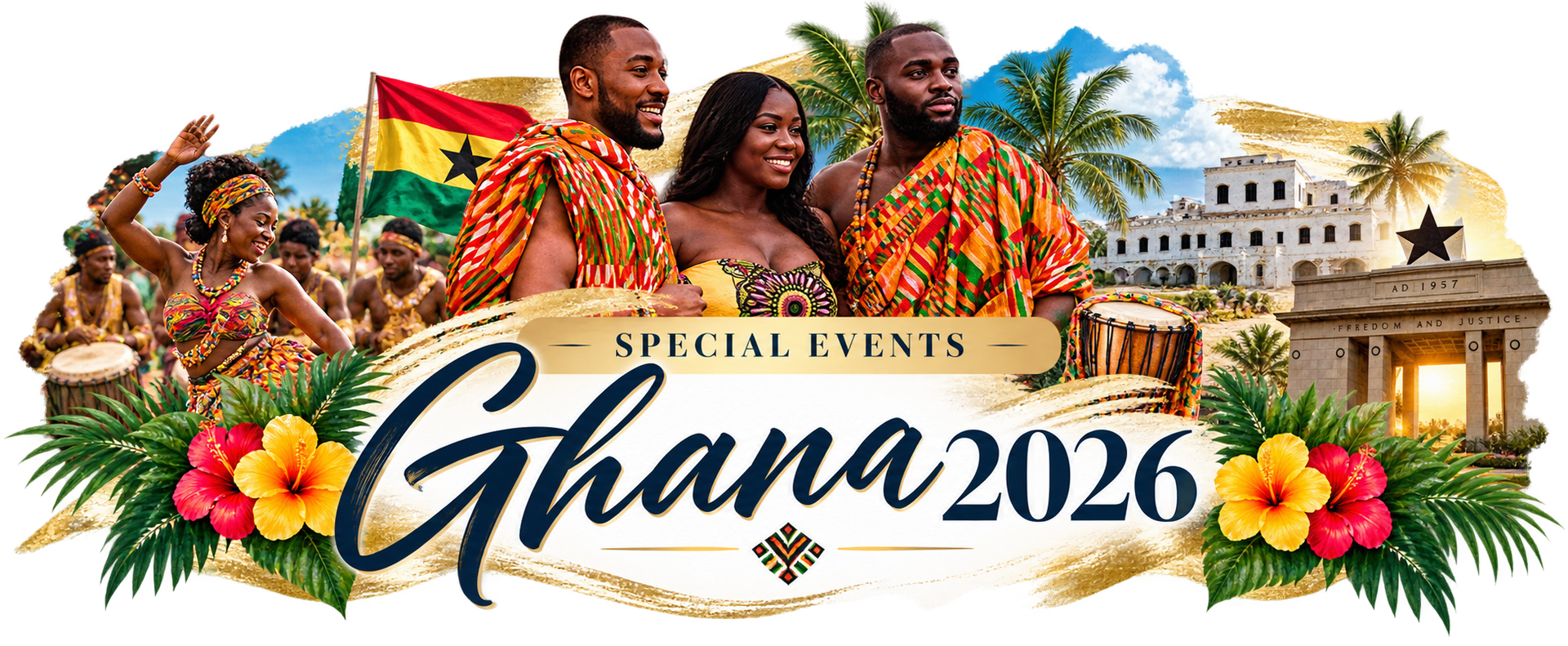 Special events banner for Ghana 2026 with colorful tropical art and landmarks