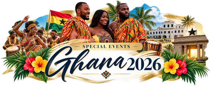 Special events banner for Ghana 2026 with colorful tropical art and landmarks