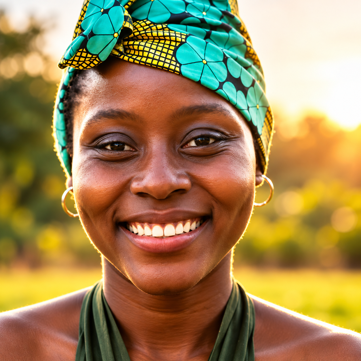 Smiling woman in a teal patterned headwrap, lit by warm sunset light, with blurred greenery behind her