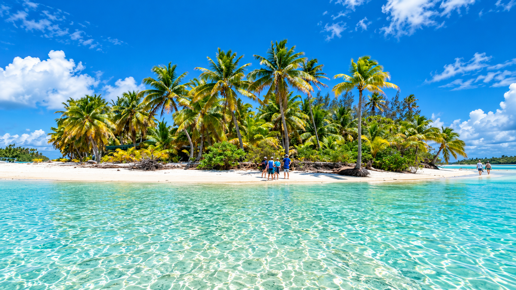 Tropical island beach with palm trees, turquoise water, and a bright blue sky