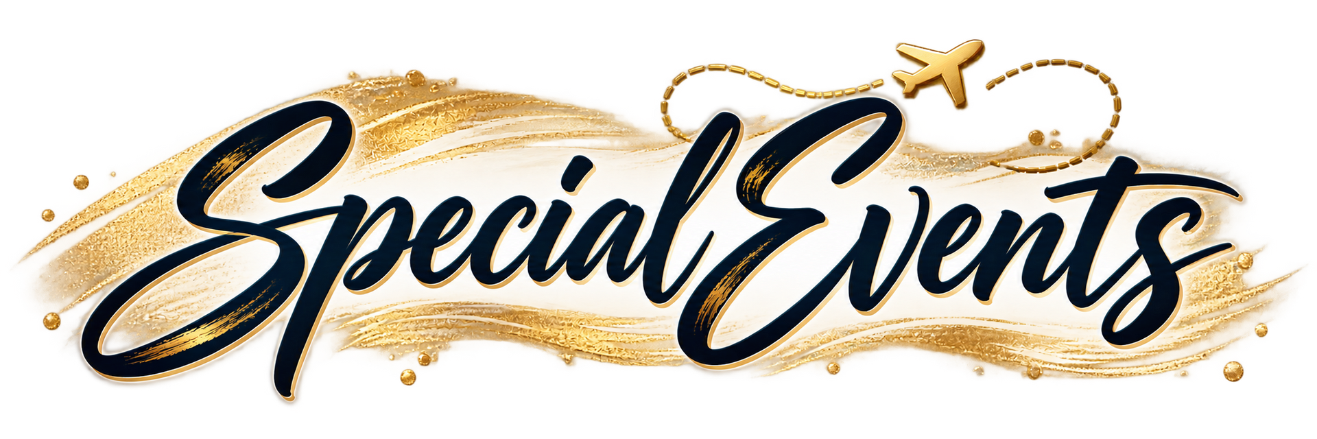 Stylized black script reading “Special Events” over gold watercolor brushstrokes with a small airplane icon