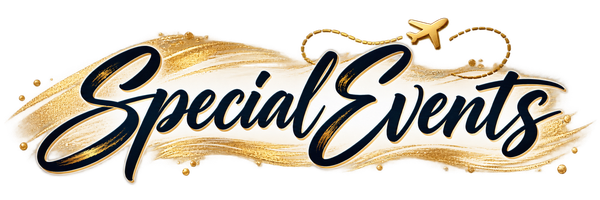 Stylized black script reading “Special Events” over gold watercolor brushstrokes with a small airplane icon
