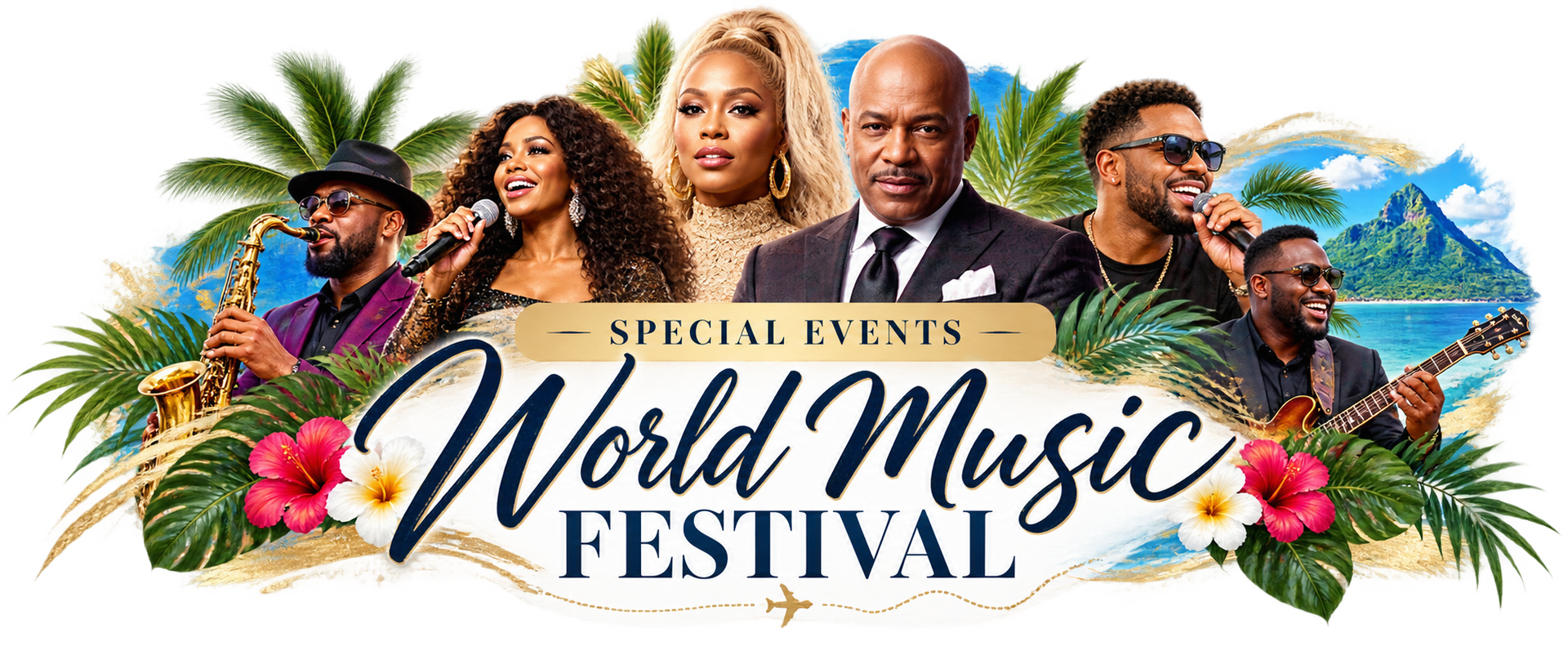 Colorful World Music Festival banner with performers, tropical flowers, and palm trees