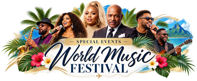 Colorful World Music Festival banner with performers, tropical flowers, and palm trees