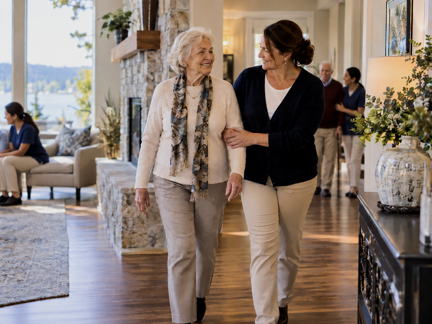 Caregiver supporting an older adult with mobility at an adult family home in Bellevue, WA