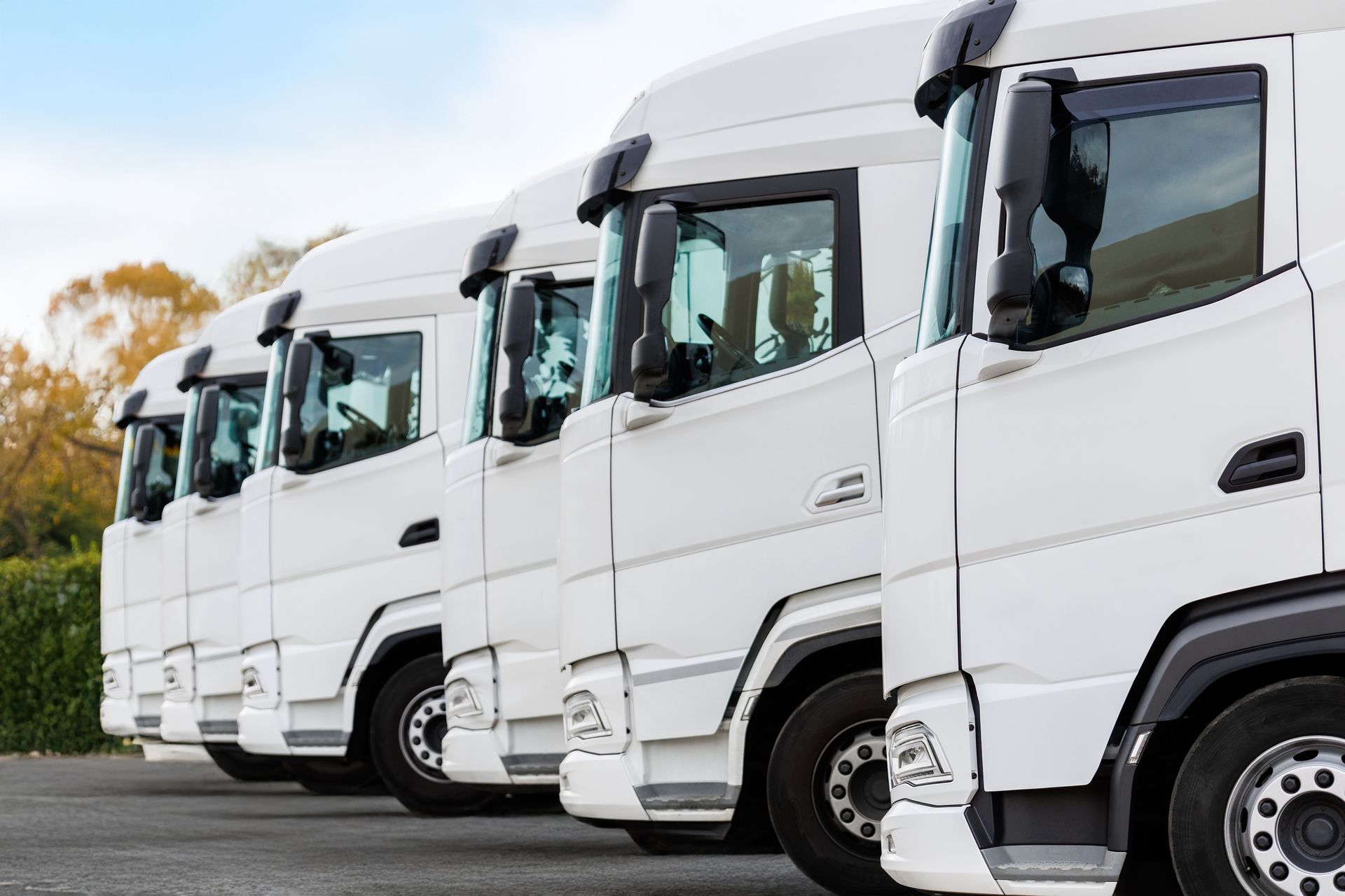 White semi-trucks parked in a row on pavement under a cloudy sky.