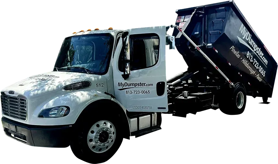 MyDumpster.com dumpster delivery truck in Tampa Bay