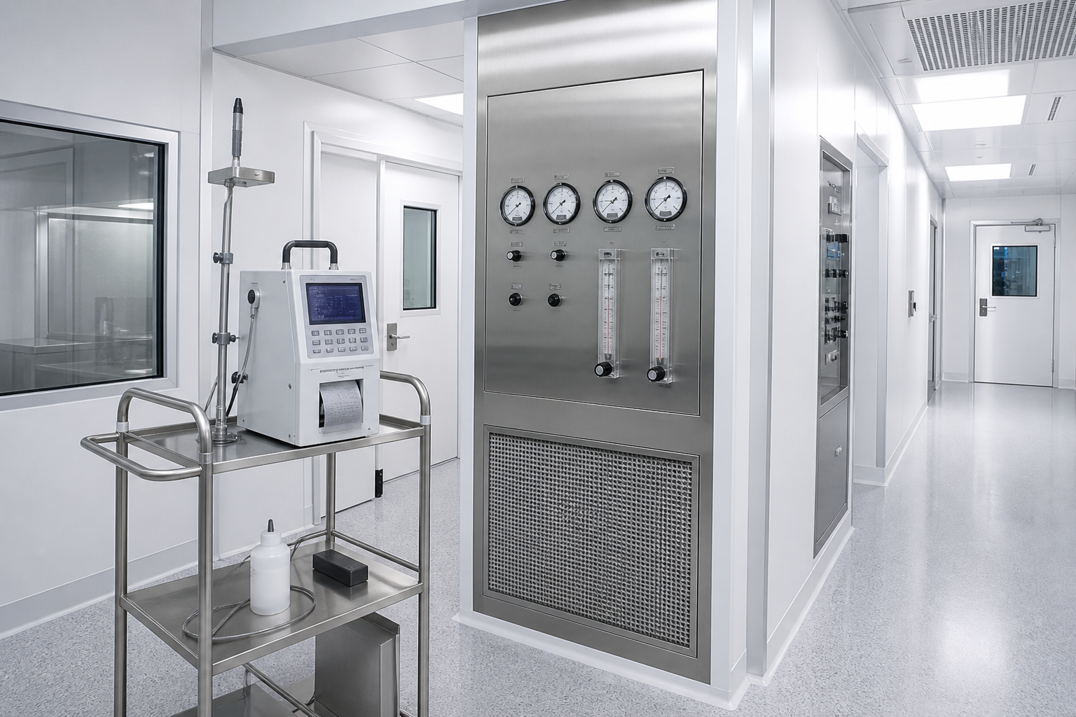 Stainless steel cleanroom laboratory in Washington, D.C. with HEPA ceiling filters and a particle co