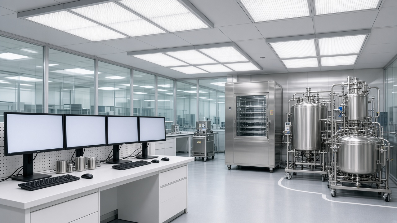 Washington, D.C. cleanroom testing facility with stainless steel equipment and networked workstation