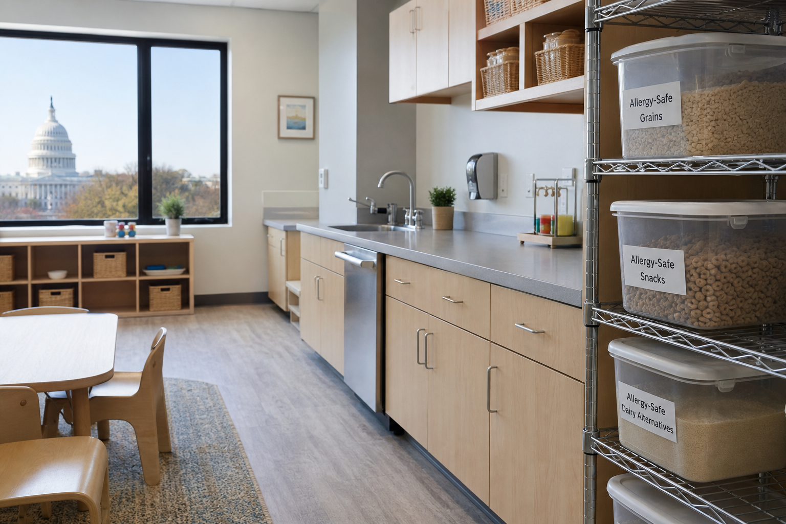 Sunlit Washington D.C. daycare classroom with snack bins for DC daycare food allergy insurance