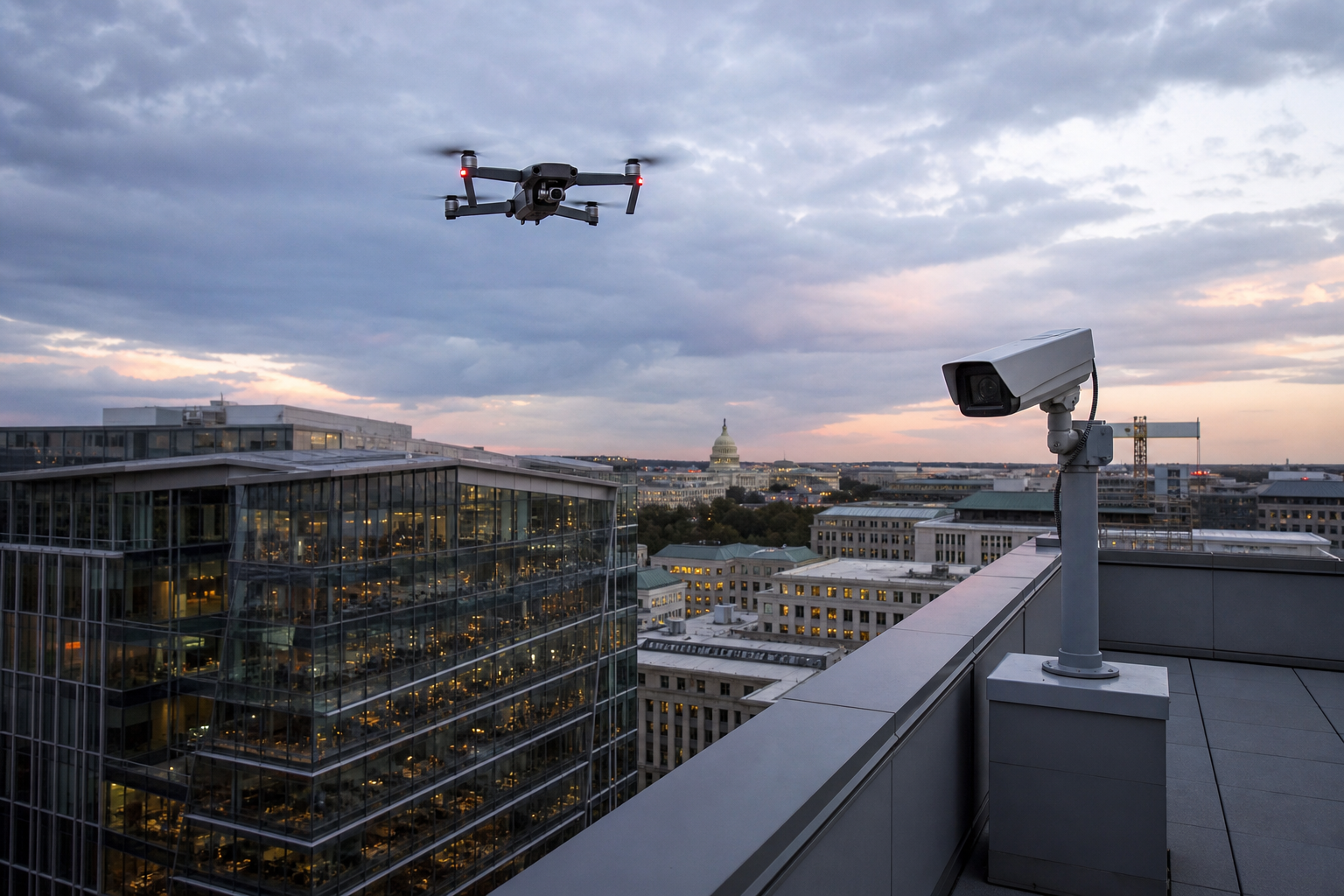 Rooftop security camera and quadcopter drone above a downtown Washington, D.C. office block at dusk,