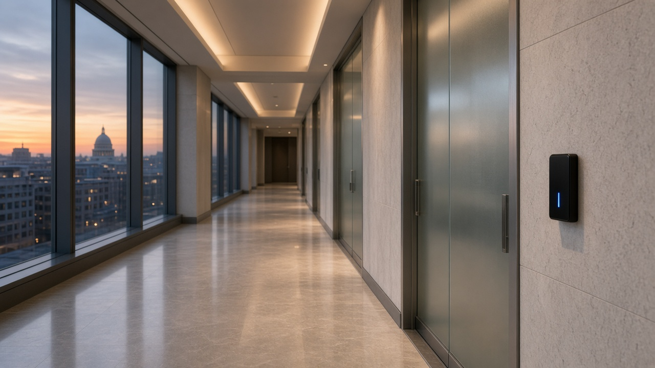 K Street office corridor in downtown Washington, D.C. at dusk, representing security contractor liab