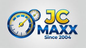 JC Maxx logo with blue and yellow clock icon and text &ldquo;JC MAXX Since 2004&rdquo;