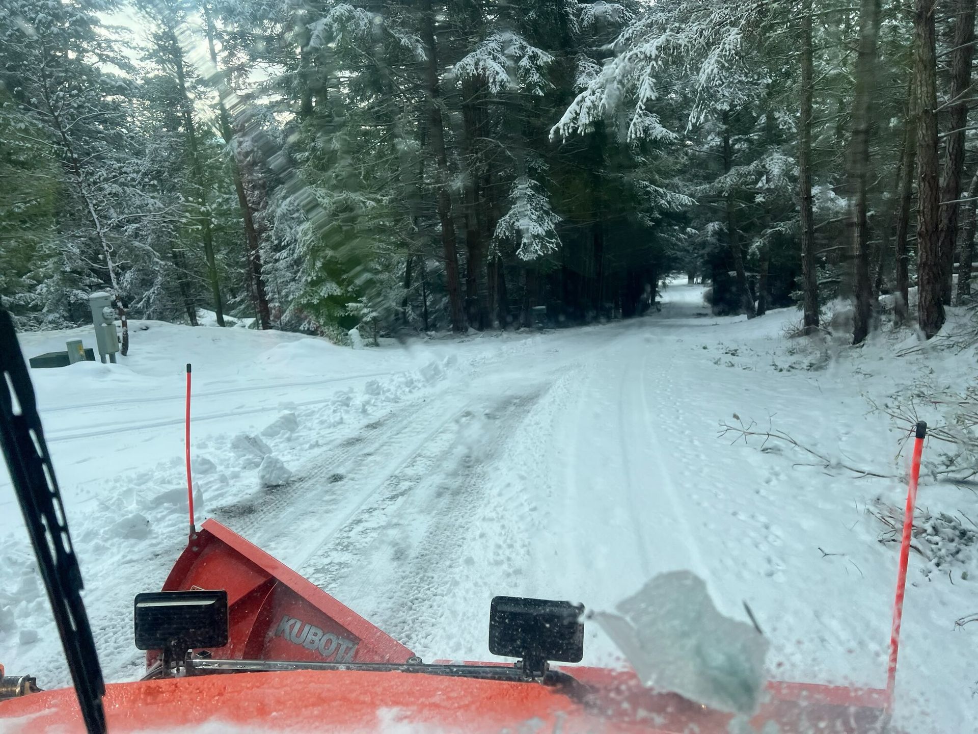A view from the driver's seat of an orange snowplow moving through a snowy, wooded road.
