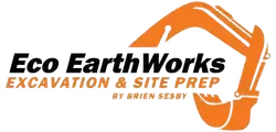 Logo for Eco EarthWorks Excavation & Site Prep by Brien Sesby featuring an orange excavator arm outline.