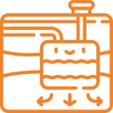 A line drawing of a septic tank with arrows pointing down.
