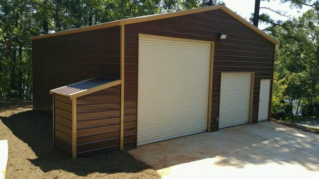 A brown and white garage with a white garage door