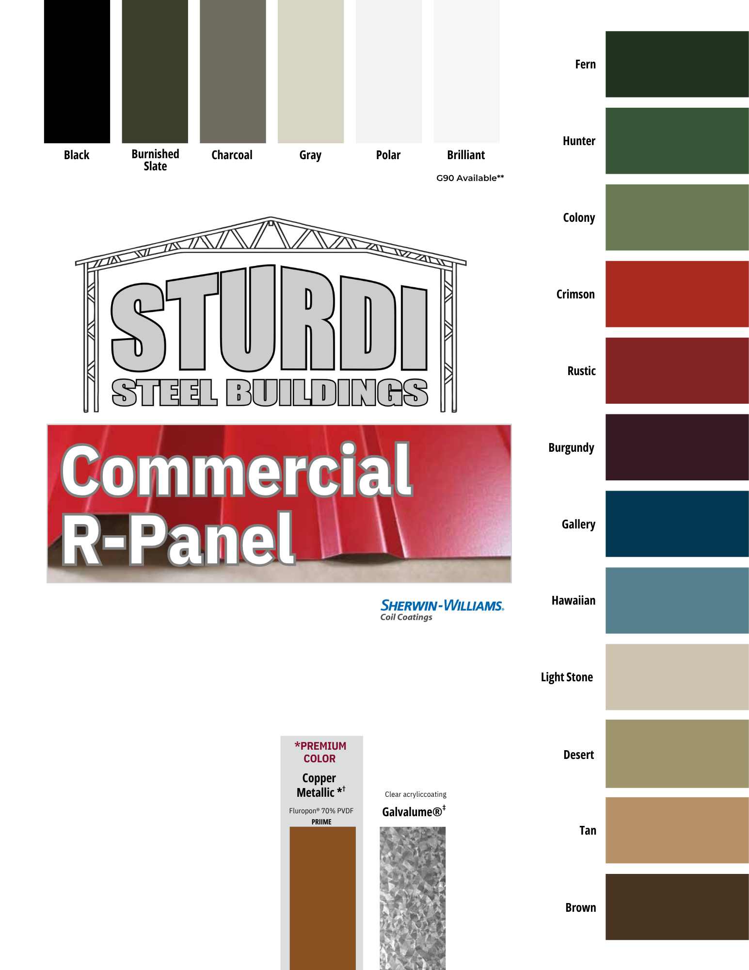Color palette samples for Sturdi Steel Buildings, showcasing commercial R-panel options.