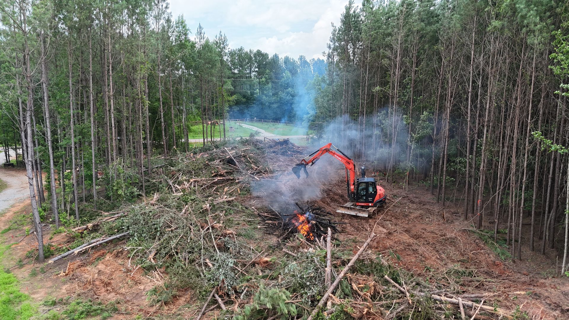 Red excavator clearing a forest path, with smoke rising among tall trees.