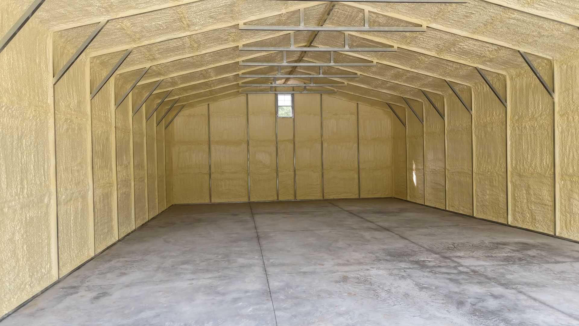 Empty unfinished wooden shed interior with plywood walls, exposed roof beams, and concrete floor