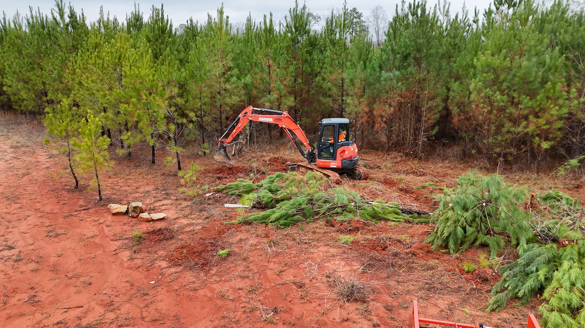 Small orange excavator clearing red dirt near a dense green forest edge