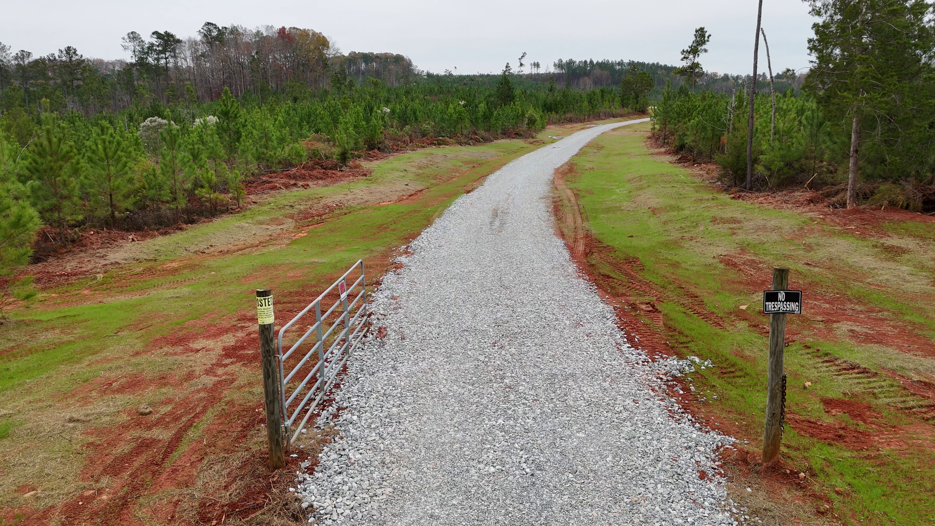 A gravel road going through a lush green field.