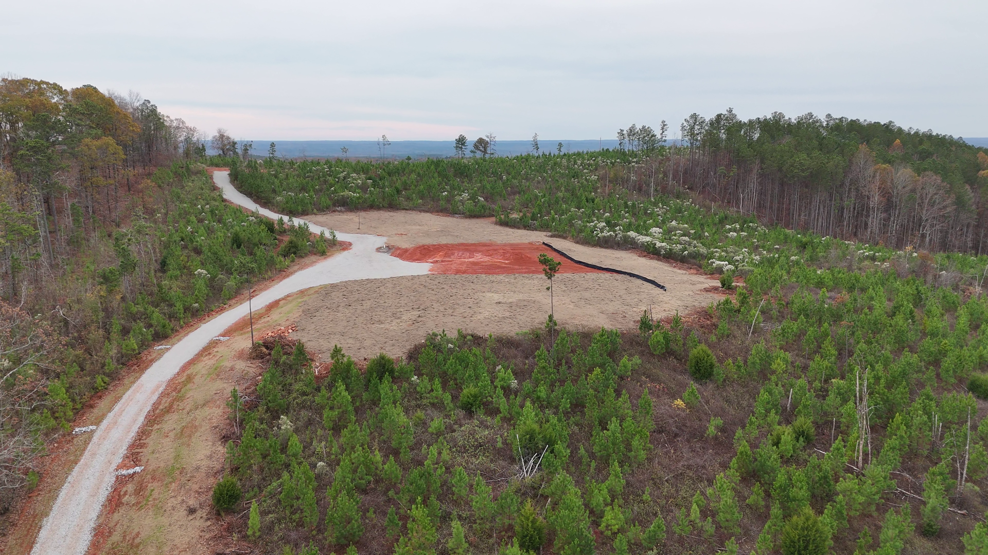 Dirt path curving through dense green shrubs toward a red dirt clearing under a cloudy sky